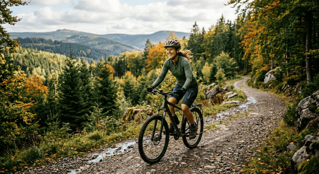 Glückliche Fahrradfahrerin Outdoor Harz radtouren-sachsen-anhalt.de Sidebar